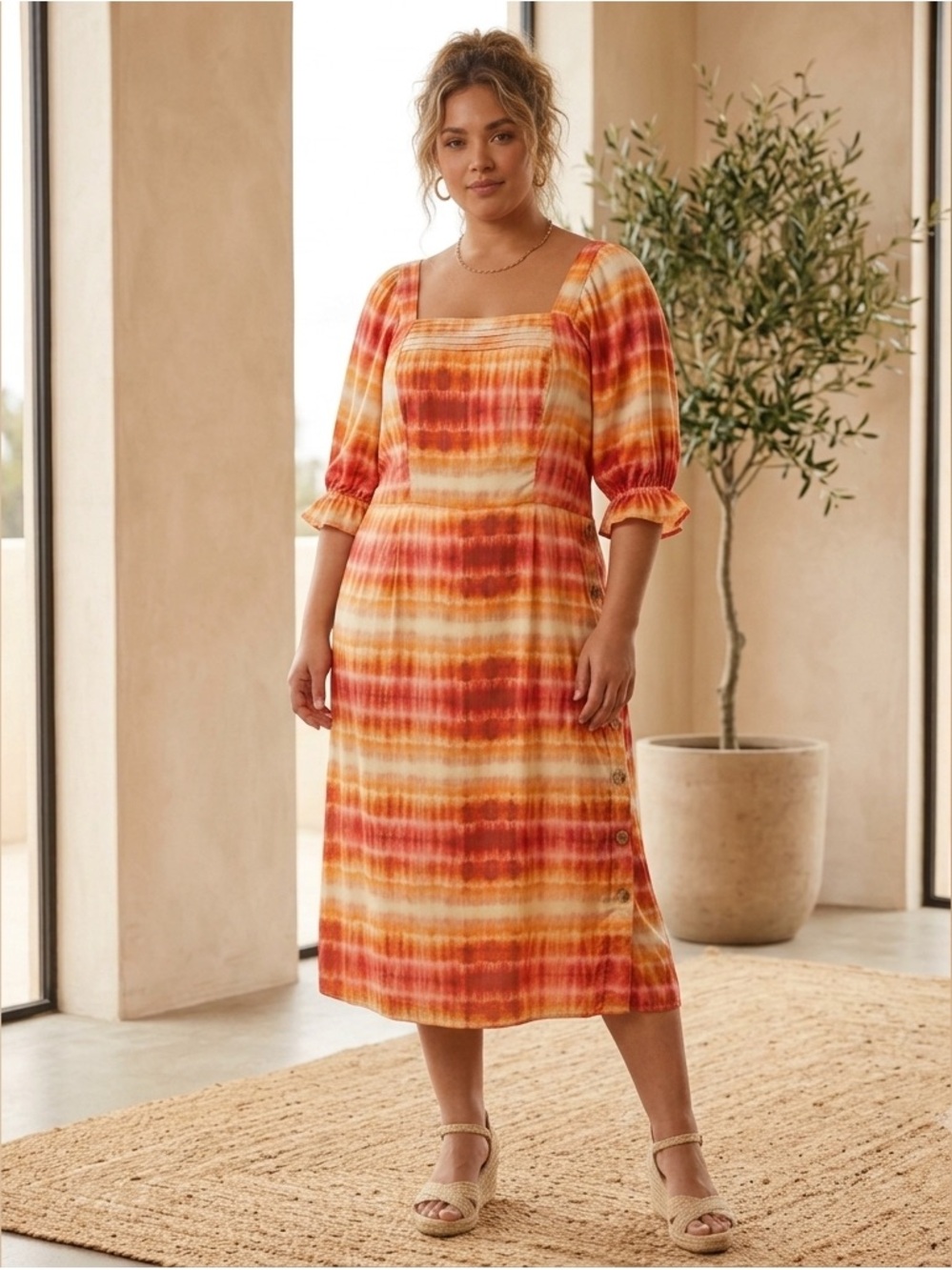 Boho satin mustard pink tie dye midi dress square neck side buttons puff sleeves